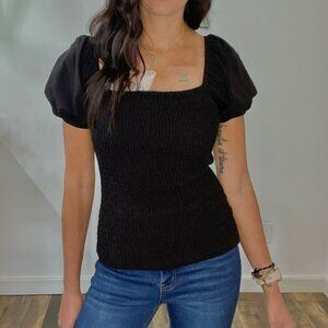 Black Balloon Sleeve Smocked Top
